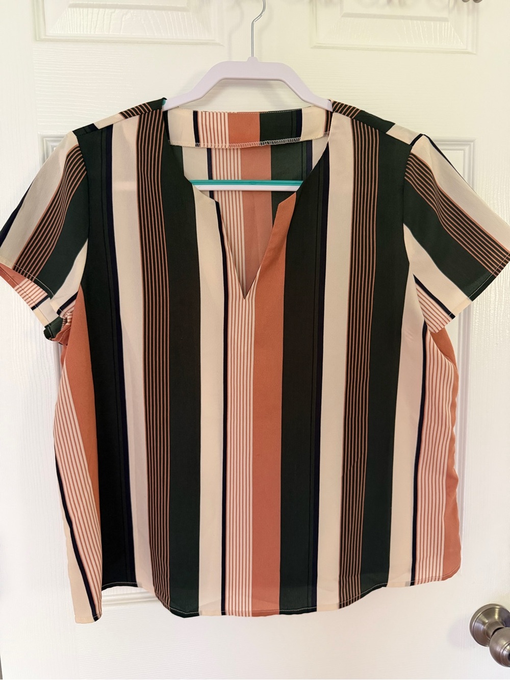 Vertical Stripe Short-Sleeve V-Neck Blouse in Green, Rust & Cream
